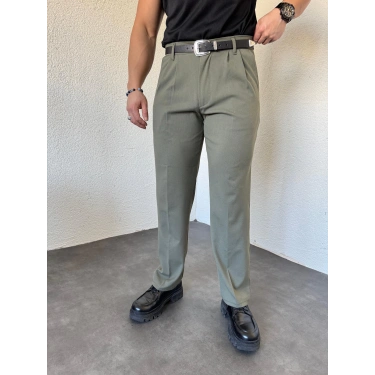 Pileli Bagy Kumaş Pantolon Haki Yeşil