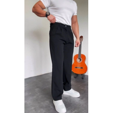 Pileli Bagy Kumaş Pantolon Siyah