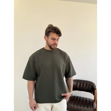 Pis Kesim Oversize Kalıp Tişört Haki Yeşil