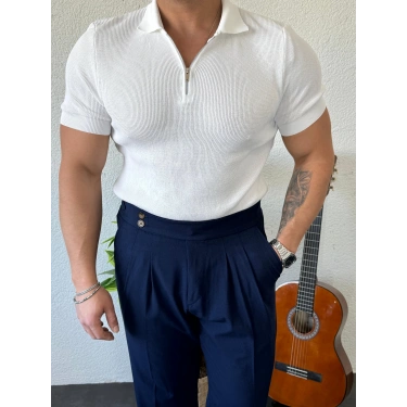 Polo Yaka Fermuarlı Triko Beyaz