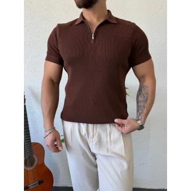 Polo Yaka Fermuarlı Triko Kahverengi