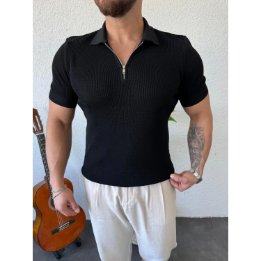 Polo Yaka Fermuarlı Triko Siyah