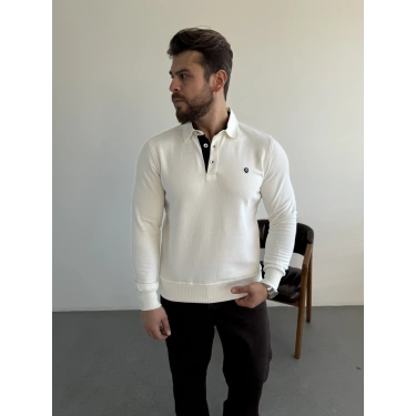 Selanik Örme Gömlek Yaka Sweat Beyaz