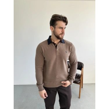 Selanik Örme Gömlek Yaka Sweat Vizon