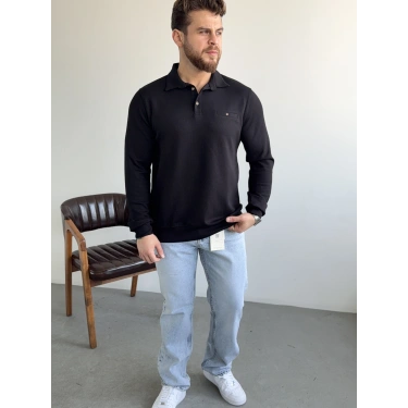 Siyah Oysh Kumaş Polo Yaka Sweat