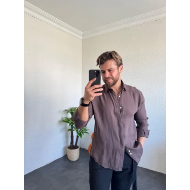 Tensel Kumaş Pat Düğme Gömlek Acı Kahve