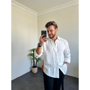 Tensel Kumaş Pat Düğme Gömlek Beyaz