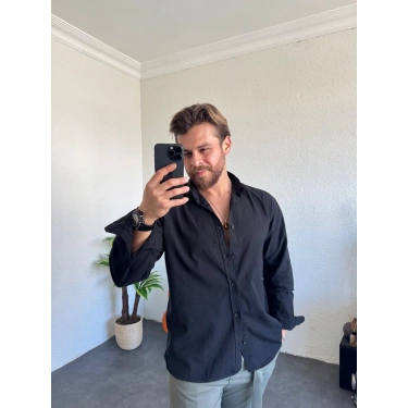 Tensel Kumaş Pat Düğme Gömlek Siyah