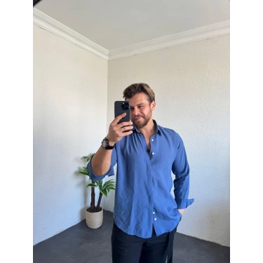 Tensel Kumaş Pat Düğme Gömlek İndigo