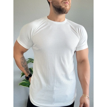 Waffle Kumaş Reglan Kol Basic Tişört Beyaz