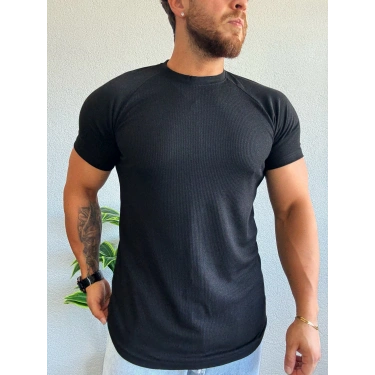 Waffle Kumaş Reglan Kol Basic Tişört Siyah