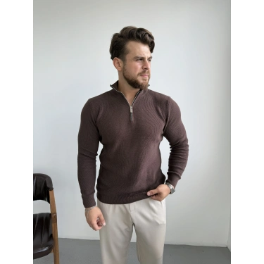 Yarım Fermuar Yaka Triko Kazak Kahve