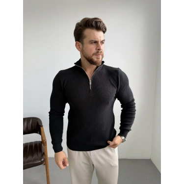 Yarım Fermuar Yaka Triko Kazak Siyah