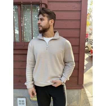 Yarım Fermuarlı Dik Yaka Sweat Bej
