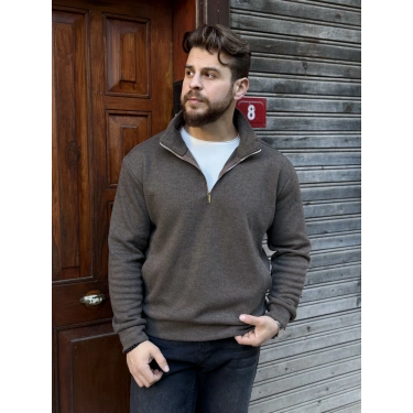 Yarım Fermuarlı Dik Yaka Sweat Kahverengi