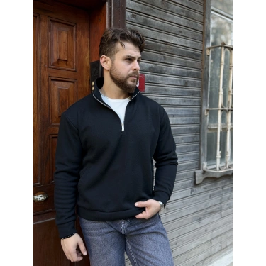 Yarım Fermuarlı Dik Yaka Sweat Siyah