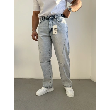 Yıkamalı Çıma Detaylı Baggy Kot Buz Mavi