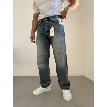 Yıkamalı Çıma Detaylı Baggy Kot Mavi