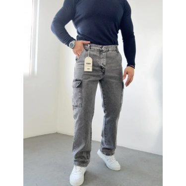 Yıkamalı Gri Kargo Cep Kot Pantolon
