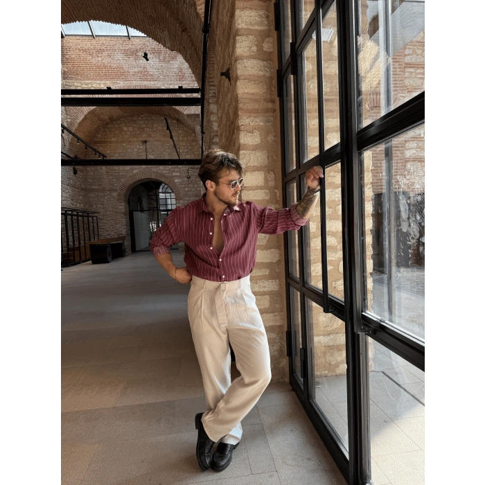 Modal Kumaş Bordo Çizgili Gömlek - Kendinden Kemerli Modal Kumaş Pantolon Taş Gri Kombin