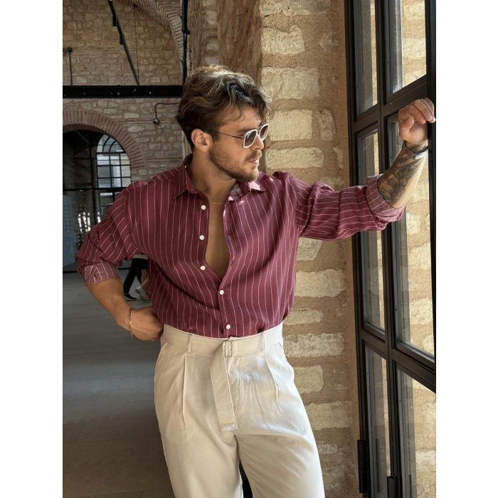 Modal Kumaş Bordo Çizgili Gömlek - Kendinden Kemerli Modal Kumaş Pantolon Taş Gri Kombin