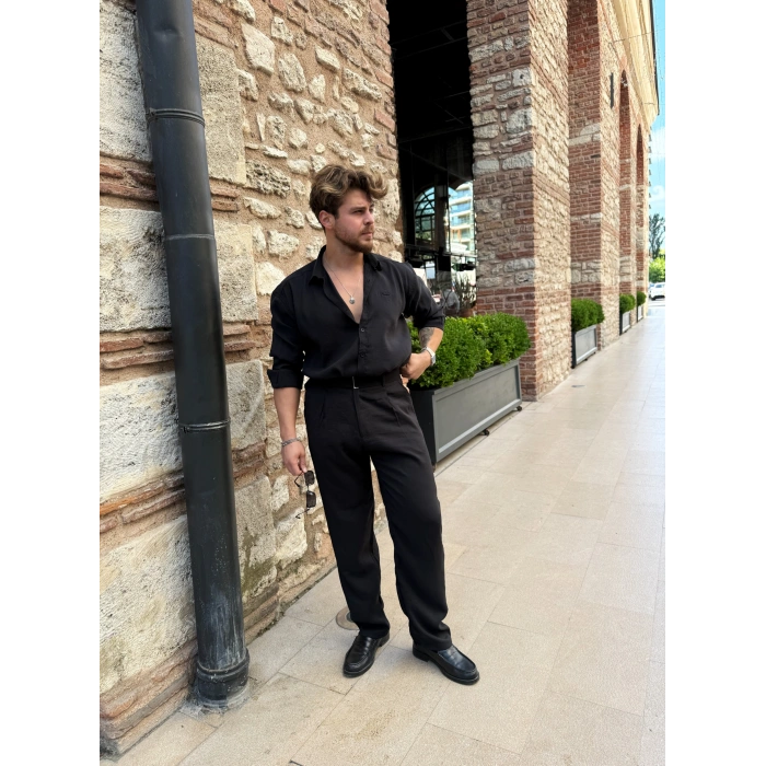 Modal Kumaş Gömlek Siyah - Kendinden Kemerli Modal Kumaş Siyah Pantolon Kombin