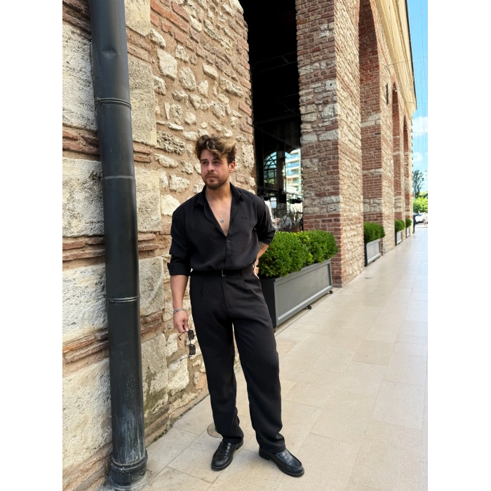 Modal Kumaş Gömlek Siyah - Kendinden Kemerli Modal Kumaş Siyah Pantolon Kombin