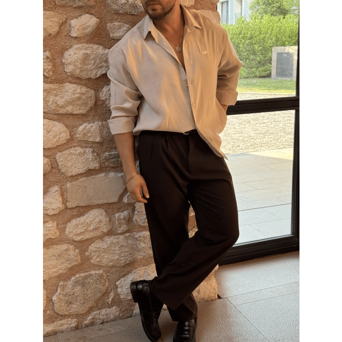 Krem Modal Kumaş GG Gömlek - Baggy Kalıp Acı Kahve Kumaş Pantolon Kombin