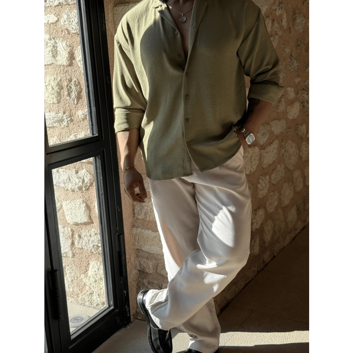 Çağla Yeşil Bürümcük Kumaş Gömlek - Kendinden Kemerli Modal Kumaş Taş Gri Pantolon Kombin