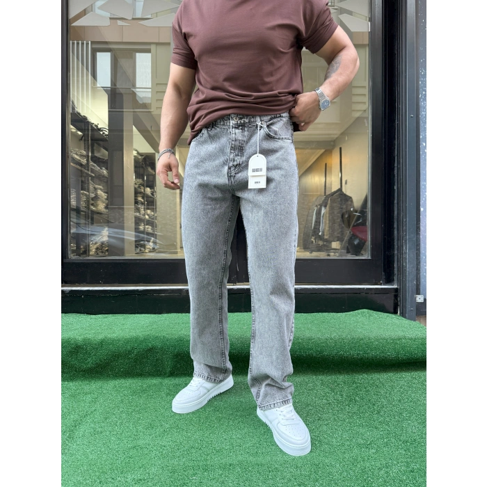 Açık Gri Taş Yıkama Baggy Kalıp Kot Pantolon