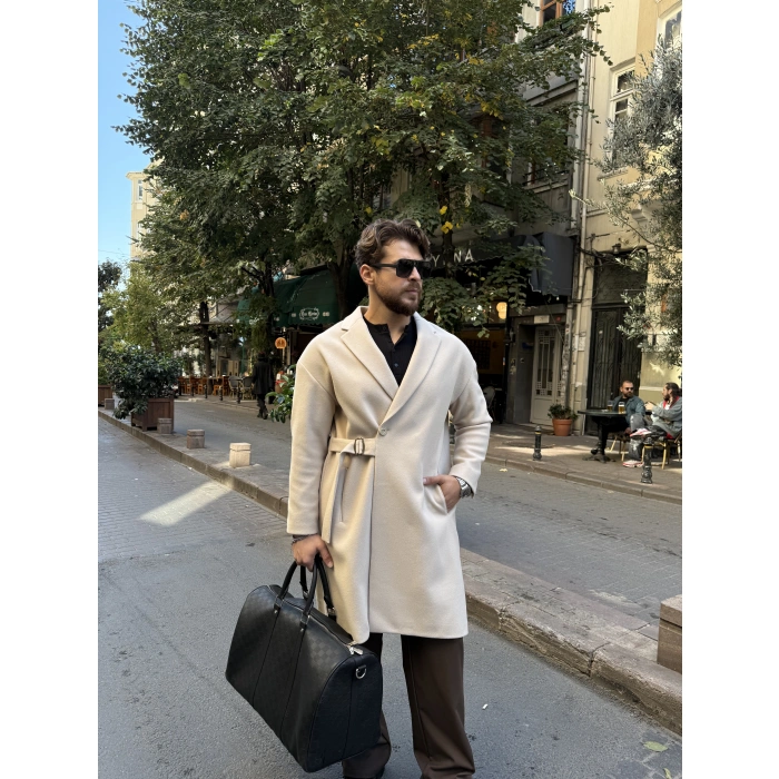 Kendinden Kuşak Kemerli Krem Kaban