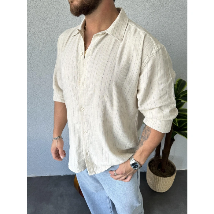 Viskon Gerçek Keten Gömlek Krem