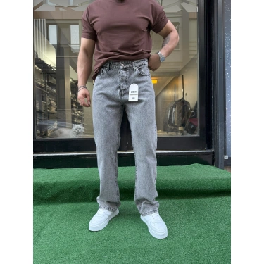 Açık Gri Taş Yıkama Baggy Kalıp Kot Pantolon