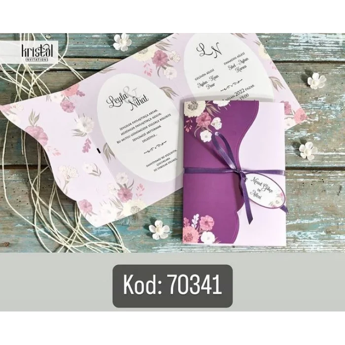 Ekonomik Mor Kurdelalı Düğün Davetiyesi 70341