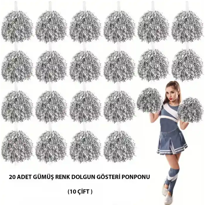10 Çift ( 20 Adet ) Gümüş Renk 23 Nisan 19 Mayıs 29 Ekim Okul Gösteri Ponponları