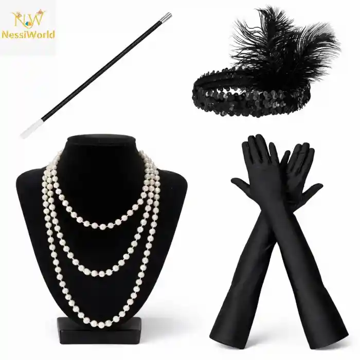 1920’ler Çarliston Aksesuar Seti – İnci Kolye, Eldiven, Sigara Tutucu, Siyah Saç Bandı