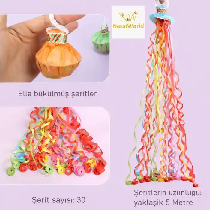 30 Şeritli Renkli Elle Atılan Konfeti – 5 Metre Uzayan Şerit Konfeti 1 Adet