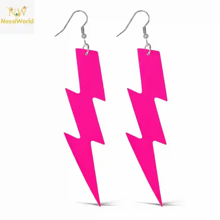 80’ler 90'lar Retro Neon Pembe Şimşek Küpe 10 cm