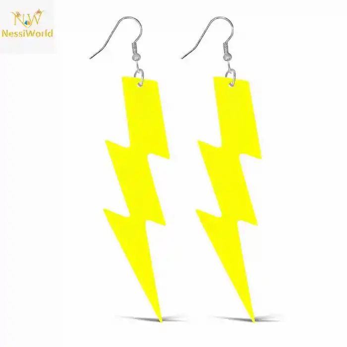 80’ler 90'lar Retro Neon Sarı Şimşek Küpe 10 cm