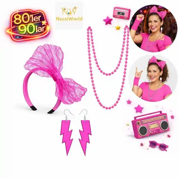 80’ler 90’lar Neon Pembe Parti Seti – Kolye Küpe Taç