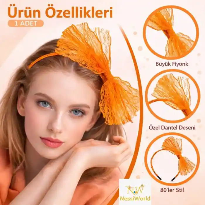80’ler 90’lar Neon Turuncu Dantel Taç Fiyonklu