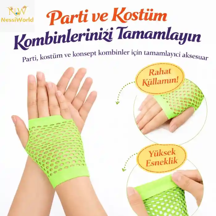 80’ler 90’lar Retro Neon Yeşil File Parmaksız Kısa Eldiven 11 cm