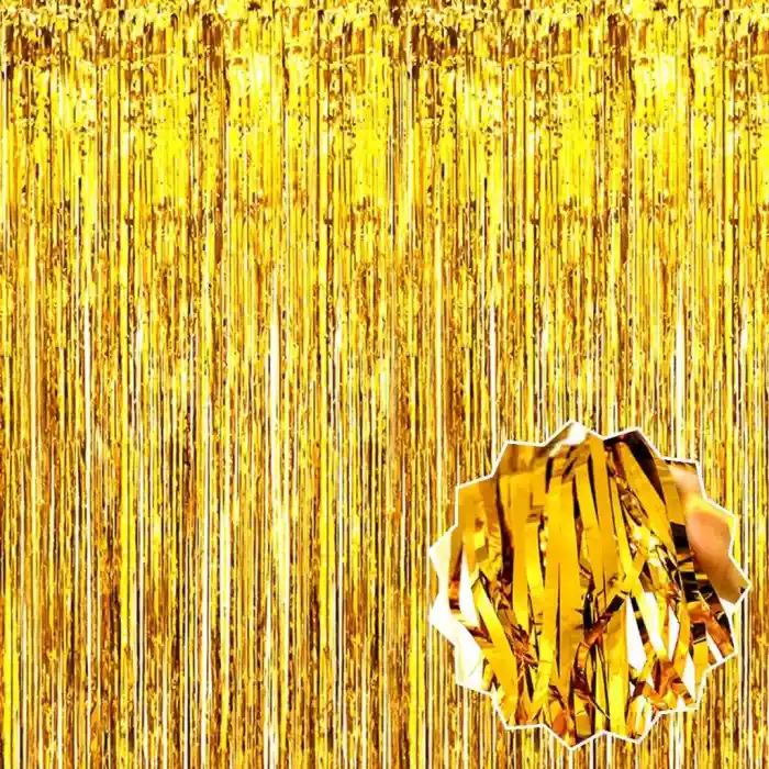 Altın Gold Renk Ekstra Metalize Parlak Saçaklı Arka Fon Perde İthal A Kalite 1x2 Metre NessiWorld