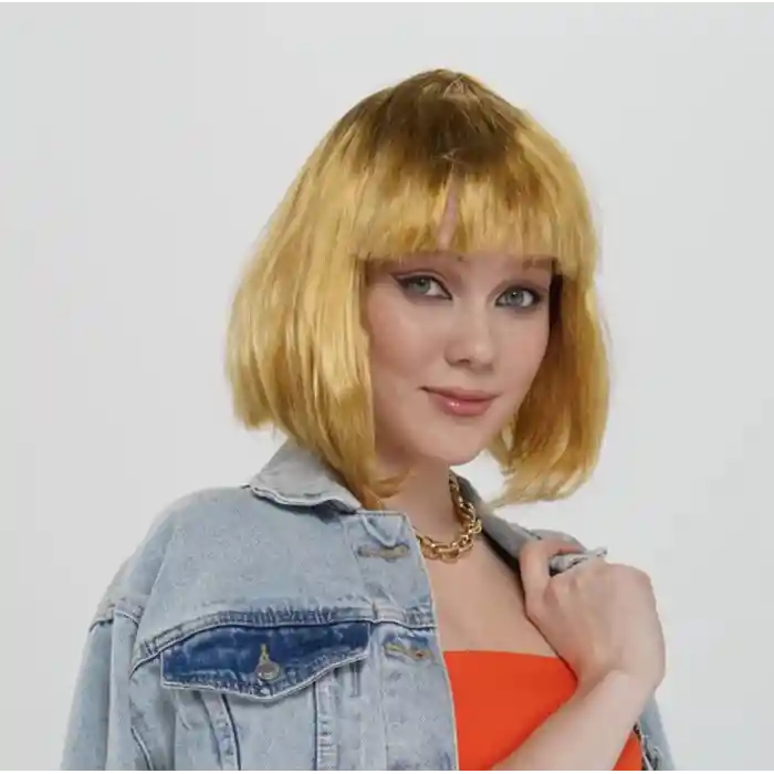 Altın Renk Düz Kesim Küt Parti Peruğu Kısa Takma Saç