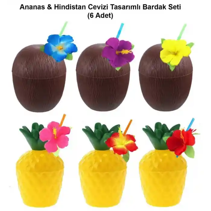 Ananas&Hindistan Cevizi Tasarımlı Pipetli Bardak Seti (6 Adet)