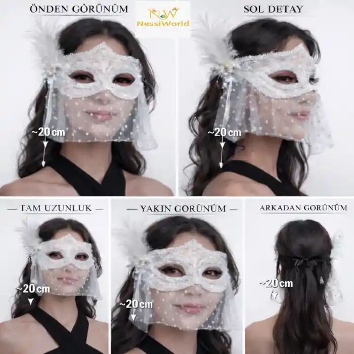 Beyaz Dantel Tüllü Peçeli Parti Maskesi – Tüylü İnci Detaylı