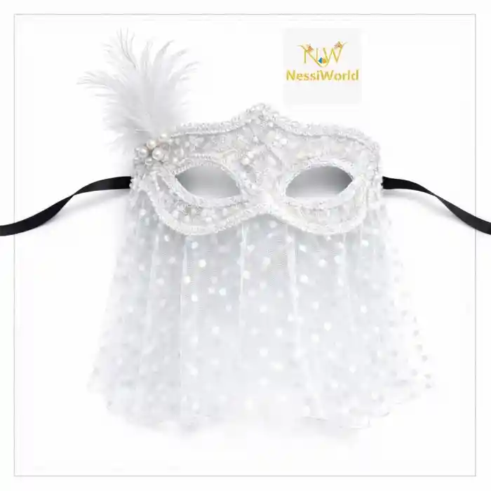 Beyaz Dantel Tüllü Peçeli Parti Maskesi – Tüylü İnci Detaylı