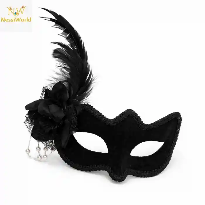 Beyaz İnci Detaylı Siyah Süet Venedik Kadın Maskesi Tüylü Güllü