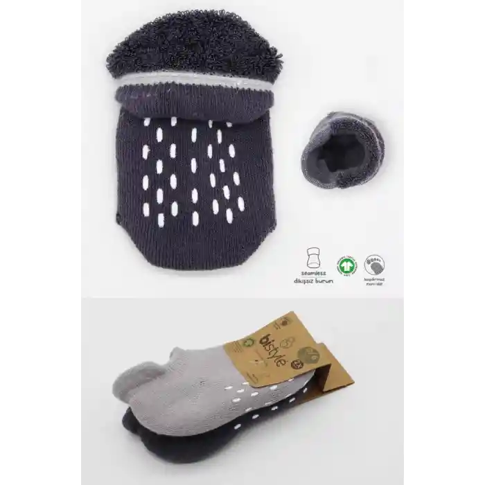 NessiWorld 2Li Altı Havlu Sneakers Kaymaz Çorap 20501 Gri-Antrasit