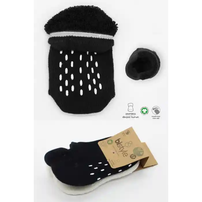 NessiWorld 2Li Altı Havlu Sneakers Kaymaz Çorap 20501 Siyah Ekru